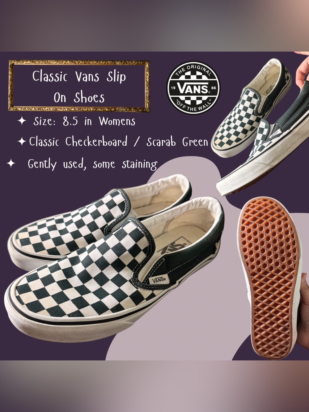 Vans Checkerboard Slip-On Shoes - Scarab Green & White